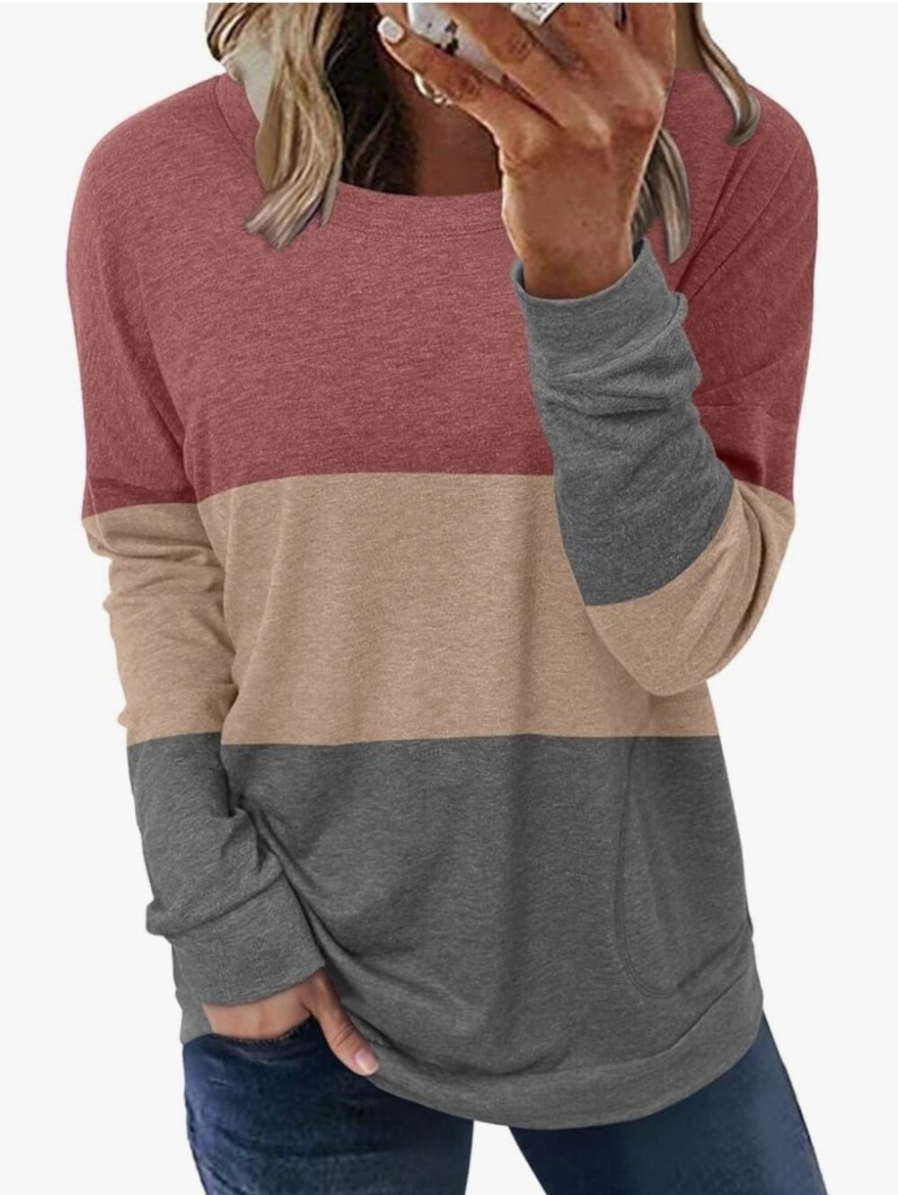Color Block Long Sleeve Tunic Top Casual Loose Fitting Pink Tan Gray Medium
